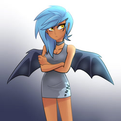 Size: 894x894 | Tagged: safe, artist:kianamai, oc, oc only, oc:princess nidra, parent:oc:supernova, parent:princess luna, parents:canon x oc, species:bat pony, species:human, kilalaverse, choker, cleavage, clothing, crossed arms, dress, female, frown, gradient background, humanized, humanized oc, looking at you, next generation, offspring, solo, spread wings, winged humanization, wings