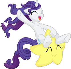 Size: 3083x3000 | Tagged: safe, artist:katequantum, artist:kp-shadowsquirrel, character:rarity, species:pony, species:unicorn, armpits, cute, eyes closed, female, loose hair, raribetes, riding, simple background, solo, stars, super star, tangible heavenly object, transparent background, underhoof, vector, wat