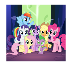 Size: 8645x8000 | Tagged: safe, artist:parclytaxel, character:applejack, character:fluttershy, character:pinkie pie, character:rainbow dash, character:rarity, character:spike, character:tree of harmony, character:twilight sparkle, character:twilight sparkle (alicorn), species:alicorn, species:pony, episode:twilight's kingdom, g4, my little pony: friendship is magic, .svg available, absurd resolution, crystal, door, female, flying, grin, group shot, let the rainbow remind you, looking at you, mane seven, mane six, mare, polaroid, prone, raised hoof, smiling, song, spread wings, tree of harmony, twilight's castle, vector, waving, wings