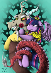 Size: 834x1200 | Tagged: safe, artist:jamescorck, character:discord, character:twilight sparkle, character:twilight sparkle (alicorn), species:alicorn, species:draconequus, species:pony, ship:discolight, female, male, mare, rose, shipping, straight, tail wrap