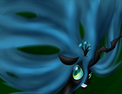 Size: 2600x2000 | Tagged: safe, artist:novaspark, character:queen chrysalis, species:changeling, changeling queen, crown, fangs, female, green background, green eyes, horn, jewelry, regalia, simple background, solo