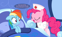 Size: 2433x1472 | Tagged: safe, artist:zacatron94, character:pinkie pie, character:rainbow dash, ship:pinkiedash, alternate hairstyle, bed, blanket, blushing, clothing, dialogue, eyes closed, hat, in bed, lying down, nurse, nurse hat, nurse outfit, on back, open mouth, pillow, shipping, shirt, show accurate, socks, speech bubble, stockings, uniform