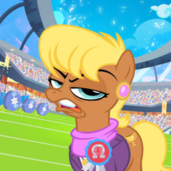 Size: 800x800 | Tagged: safe, artist:pixelkitties, character:ms. harshwhinny, episode:equestria games, g4, my little pony: friendship is magic, archery, faec, female, ice arrows, looking at you, open mouth, ribbon, solo, stadium