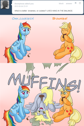 Size: 634x948 | Tagged: safe, artist:ratofdrawn, character:applejack, character:derpy hooves, character:rainbow dash, species:pegasus, species:pony, ship:appledash, ask, ask appledash, brownies, comic, cookie, eating, female, lesbian, mare, shipping, tumblr