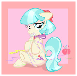 Size: 2619x2573 | Tagged: safe, artist:xwhitedreamsx, character:coco pommel, blushing, cocobetes, cute, dawwww, embarrassed, female, floppy ears, hnnng, looking at you, measuring tape, mouth hold, pincushion, rainbow thread, sitting, solo, stuck, tangled up, thread, underhoof