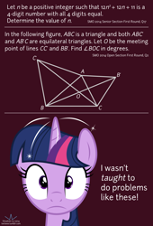 Size: 1020x1500 | Tagged: safe, artist:parclytaxel, character:princess celestia, character:twilight sparkle, character:twilight sparkle (alicorn), species:alicorn, faec, female, frown, geometry, magic, math, number theory, olympiad, question, singapore, solo, sparks, text, triangles, tumblr, twitwee