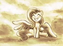 Size: 1000x726 | Tagged: safe, artist:kp-shadowsquirrel, character:fluttershy, eyes closed, female, monochrome, sitting, smiling, solo