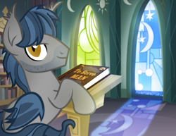 Size: 900x695 | Tagged: safe, artist:pixelkitties, oc, oc only, oc:sharpie fume, species:bat pony, species:pony, book, cookbook, dust, looking at you, m.a. larson, ponified, solo, to serve man