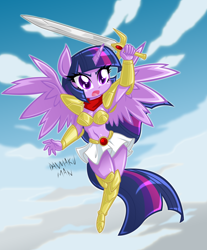 Size: 1990x2400 | Tagged: safe, artist:danmakuman, character:twilight sparkle, character:twilight sparkle (alicorn), species:alicorn, species:anthro, ambiguous facial structure, armor, armpits, belly button, breasts, busty twilight sparkle, cleavage, clothing, cloud, cloudy, female, midriff, mugen senshi valis, skirt, sky, solo, sword, unconvincing armor, valis, weapon, yuko asou