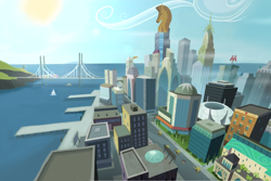 Size: 2698x1799 | Tagged: safe, artist:nekokevin, species:pony, architecture, boat, bridge, building, carriage, city, cityscape, cloud, crystaller building, friendship express, manehattan, pier, sailboat, sky, stadium, street, sun, taxi, taxi pony, train, unknown pony, water