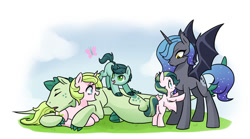 Size: 1024x569 | Tagged: safe, artist:kianamai, oc, oc only, oc:anthea, oc:apollo, oc:oasis (kianamai), oc:princess nidra, oc:turquoise blitz, parent:fluttershy, parent:oc:anthea, parent:oc:azalea, parent:oc:berry vine, parent:oc:supernova, parent:oc:turquoise blitz, parent:princess luna, parent:rarity, parent:spike, parents:canon x oc, parents:oc x oc, parents:sparity, species:alicorn, species:bat pony, species:dracony, species:pegasus, species:pony, species:unicorn, kilalaverse, adopted offspring, alicorn oc, bat pony alicorn, bipedal leaning, butterfly, cloud, cuddling, cute, eye contact, eyes closed, eyes on the prize, father and daughter, father and son, female, frown, hug, hybrid, interspecies offspring, looking at each other, looking down, looking up, male, mother and daughter, mother and son, next generation, oc x oc, ocbetes, offspring, offspring shipping, offspring's offspring, on top, open mouth, prone, shipping, simple background, sleeping, smiling, snuggling, spread wings, straight, white background, wide eyes, wings