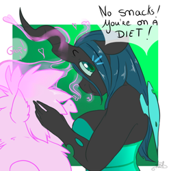 Size: 800x800 | Tagged: safe, artist:arnachy, character:queen chrysalis, oc, oc:fluffle puff, species:anthro, ship:chrysipuff, breasts, busty queen chrysalis, canon x oc, changeling feeding, chubby cheeks, dialogue, eating, embarrassed, exclamation point, female, floppy ears, gasp, gasping, heart, lesbian, looking at you, looking back, looking back at you, love, moan, moaning, moaning in pleasure, open mouth, plump, shipping