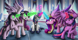 Size: 1500x775 | Tagged: safe, artist:jamescorck, character:princess cadance, character:shining armor, character:twilight sparkle, character:twilight sparkle (alicorn), species:alicorn, species:changeling, species:pony, angry, bipedal, confused, crystal palace, female, floppy ears, frown, glare, glowing eyes, gritted teeth, harem, head tilt, looking at you, magic, mare, messy mane, question mark, raised eyebrow, raised hoof, rearing, shining armor gets all the mares, sitting, spread wings, wide eyes, wings