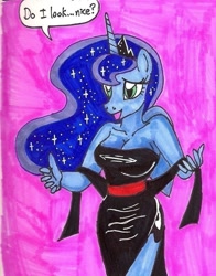 Size: 836x1069 | Tagged: safe, artist:newyorkx3, character:princess luna, species:anthro, breasts, busty princess luna, cleavage, clothing, dress, female, side slit, simple background, solo, traditional art