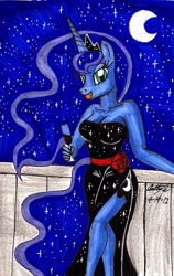 Size: 1019x1611 | Tagged: safe, artist:newyorkx3, character:princess luna, species:anthro, breasts, busty princess luna, cleavage, clothing, dress, female, side slit, solo, traditional art