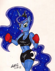 Size: 1107x1423 | Tagged: safe, artist:newyorkx3, character:princess luna, species:anthro, belly button, box art, boxers, boxing, breasts, cleavage, clothing, female, midriff, simple background, solo, traditional art, underwear