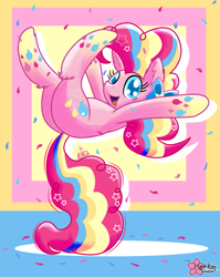 Size: 797x1000 | Tagged: safe, artist:clouddg, character:pinkie pie, balancing, female, leg fluff, prehensile tail, rainbow power, solo, tail stand