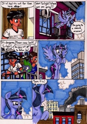 Size: 1375x1949 | Tagged: safe, artist:newyorkx3, character:spike, character:twilight sparkle, character:twilight sparkle (alicorn), non-mlp oc, oc, oc:crystal, oc:sonia, oc:tommy, self insert, species:alicorn, species:human, species:pony, comic:twilight and the big city, comic, crysmmy, female, flying, mare, traditional art