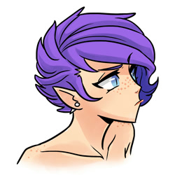 Size: 2000x2000 | Tagged: safe, artist:kianamai, oc, oc only, oc:crystal clarity, parent:rarity, parent:spike, parents:sparity, species:dracony, species:human, kilalaverse, bare shoulder portrait, bust, earring, elf ears, freckles, humanized, humanized oc, hybrid, interspecies offspring, next generation, offspring, portrait, pouting, shoulder freckles, simple background, solo, white background