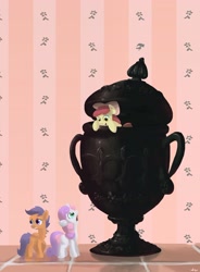 Size: 2450x3325 | Tagged: safe, artist:docwario, character:apple bloom, character:scootaloo, character:sweetie belle, species:pegasus, species:pony, cutie mark crusaders, giant vase, high res, nervous, vase