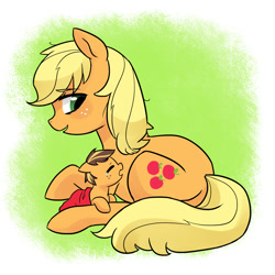 Size: 1500x1500 | Tagged: safe, artist:kianamai, character:applejack, oc, oc:golden delicious, parent:applejack, parent:caramel, parents:carajack, species:earth pony, species:pony, kilalaverse, birth, blanket, colt, crying, eyes closed, floppy ears, foal, freckles, hatless, loose hair, male, messy mane, missing accessory, mother and son, newborn, next generation, offspring, open mouth, prone, smiling