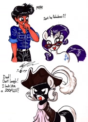 Size: 1189x1639 | Tagged: safe, artist:newyorkx3, character:rarity, non-mlp oc, oc, oc:tommy, oc:tommy junior, self insert, species:earth pony, species:human, species:pony, species:unicorn, my little pony:equestria girls, clothing, father, female, hat, laughing, male, mare, outfit, signature, smiling, son, text, traditional art, wig