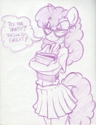 Size: 850x1100 | Tagged: safe, artist:trollie trollenberg, character:twist, species:anthro, species:earth pony, species:pony, g4, book, clothing, cute, female, glasses, mare, monochrome, older, pleated skirt, skirt, solo, teenager, traditional art