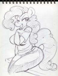 Size: 848x1098 | Tagged: safe, artist:trollie trollenberg, character:pinkie pie, species:anthro, breasts, busty pinkie pie, clothing, female, monochrome, solo, traditional art