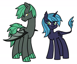 Size: 3000x2500 | Tagged: safe, artist:kianamai, oc, oc only, oc:anastasia, oc:peridot flame, parent:oc:princess nidra, parent:oc:turquoise blitz, parents:oc x oc, species:bat pony, species:dracony, species:pony, kilalaverse, bedroom eyes, freckles, next generation, offspring, offspring's offspring, simple background, smiling, spread wings, white background, wings