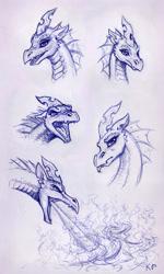 Size: 900x1500 | Tagged: safe, artist:kp-shadowsquirrel, character:queen chrysalis, species:dragon, dragoness, dragonified, dragonlis, female, fire, fire breath, forked tongue, monochrome, pen drawing, portrait, sketch dump, solo, species swap, tongue out, traditional art