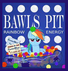 Size: 800x835 | Tagged: safe, artist:pixelkitties, character:rainbow dash, 3:, ball pit, bawls, bawls energy drink, dashcon, female, floppy ears, frown, glare, label, looking at you, solo, spread wings, unamused, wavy mouth, wings