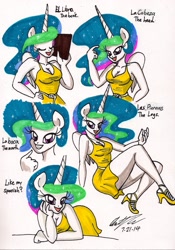 Size: 1377x1962 | Tagged: safe, artist:newyorkx3, character:princess celestia, species:anthro, species:plantigrade anthro, book, breasts, cleavage, clothing, dress, female, high heels, solo, spanish, traditional art