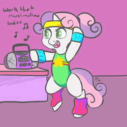Size: 800x800 | Tagged: safe, artist:mt, character:sweetie belle, species:pony, bipedal, female, headband, leg warmers, leotard, solo, workout, workout outfit, wristband