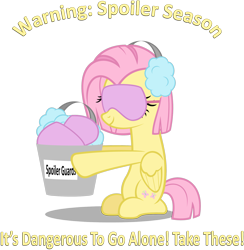Size: 1696x1740 | Tagged: safe, artist:zacatron94, character:fluttershy, alternate hairstyle, blindfold, bucket, caption, earmuffs, female, it's dangerous to go alone, short hair, sleep mask, solo, take this, the legend of zelda, yellow text
