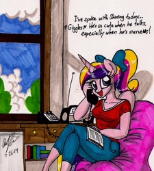Size: 1126x1250 | Tagged: safe, artist:newyorkx3, character:princess cadance, species:anthro, alternate hairstyle, bow, female, phone, ponytail, solo, traditional art