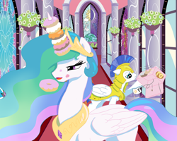 Size: 1000x800 | Tagged: safe, artist:crazypurplebat, artist:kp-shadowsquirrel, artist:soren-the-owl, character:princess celestia, bedroom eyes, cake, cakelestia, colored, cute, cutelestia, donut, donutlestia, eating, floppy ears, frown, heart, hoof hold, horn, horn grab, horn impalement, iou, messy, messy eating, open mouth, pouting, pure unfiltered evil, robbery, royal guard, sad, smiling, stealing, the uses of unicorn horns, trollestia, tyrant celestia