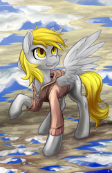 Size: 1100x1700 | Tagged: safe, artist:hobbes-maxwell, character:derpy hooves, species:pegasus, species:pony, clothing, female, hoodie, mare, raised hoof, solo, spread wings, underp, wings