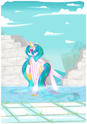 Size: 4260x6100 | Tagged: safe, artist:xwhitedreamsx, character:princess celestia, absurd resolution, female, long mane, looking at you, looking back, messy mane, raised hoof, ruins, solo, water, wet mane