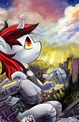 Size: 828x1280 | Tagged: safe, artist:hobbes-maxwell, oc, oc only, oc:blackjack, species:pony, species:unicorn, fallout equestria, fallout equestria: project horizons, augmented, biohacking, cloud, cutie mark, cyber legs, cyborg, fallout, fanfic, fanfic art, female, hooves, horn, level 1 (project horizons), mare, ruins, solo