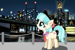 Size: 1920x1280 | Tagged: safe, artist:nekokevin, character:coco pommel, species:earth pony, species:pony, bridge, building, city, crystaller building, female, flower, flower in hair, lights, looking up, manehattan, mare, night, pony (sony), smiling, solo, standing