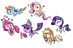 Size: 1600x1041 | Tagged: safe, artist:king-kakapo, character:applejack, character:fluttershy, character:pinkie pie, character:rainbow dash, character:rarity, character:spike, character:twilight sparkle, book, butterfly, chibi, cupcake, mane seven, mane six, mouth hold, plate, rope, scroll, unshorn fetlocks