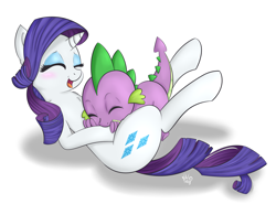 Size: 4000x2957 | Tagged: safe, artist:wickedsilly, character:rarity, character:spike, ship:sparity, female, fluffy, laughing, male, on back, raspberry, shipping, smiling, straight, tickling, tummy buzz
