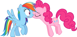 Size: 2874x1405 | Tagged: safe, artist:zacatron94, character:pinkie pie, character:rainbow dash, ship:pinkiedash, blushing, cute, female, kissing, lesbian, shipping, show accurate, simple background, transparent background, vector