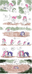 Size: 890x2000 | Tagged: dead source, safe, artist:king-kakapo, character:applejack, character:pinkie pie, character:rarity, character:twilight sparkle, species:human, comic, everfree forest, fail, humanized, mud, quicksand, sketch, stuck