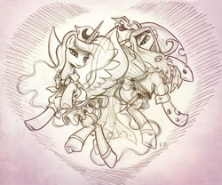 Size: 1200x1000 | Tagged: safe, artist:kp-shadowsquirrel, character:nightmare moon, character:princess luna, character:queen chrysalis, antagonist, clothing, midriff, nurse, skirt, stupid sexy nightmare moon, traditional art