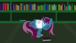 Size: 11200x6400 | Tagged: safe, artist:parclytaxel, oc, oc only, oc:parcly taxel, species:alicorn, species:pony, .svg available, absurd resolution, albumin flask, alicorn oc, amulet, book, chemistry, colored, constructed language, cute, horn ring, huddle, key sync, kezuasoka, library, light, magic, nuclear magnetic resonance, paper, pen, reading, science, sleeping, solo, telekinesis, third eye, vector