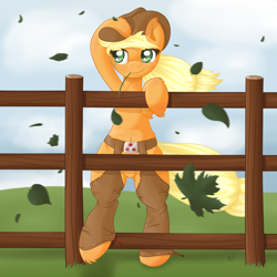 Size: 2250x2250 | Tagged: safe, artist:ratofdrawn, character:applejack, chaps, female, fence, high res, semi-anthro, solo, windswept mane