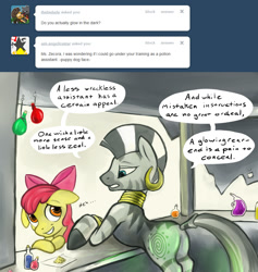 Size: 1280x1351 | Tagged: safe, artist:hobbes-maxwell, character:apple bloom, character:zecora, species:zebra, ask, ask zecora, tumblr
