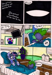 Size: 1363x1947 | Tagged: safe, artist:newyorkx3, character:spike, character:twilight sparkle, character:twilight sparkle (alicorn), species:alicorn, species:dragon, species:pony, comic:twilight and the big city, bed, comic, female, hospital, hospital bed, male, mare, onomatopoeia, sleeping, sound effects, traditional art, z, zzz