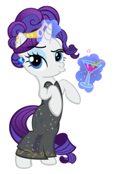 Size: 656x1000 | Tagged: safe, artist:pixelkitties, character:rarity, species:pony, alternate hairstyle, bipedal, clothing, cocktail, dress, drink, duckface, female, jewelry, sierra madre, simple background, solo, tiara, transparent background